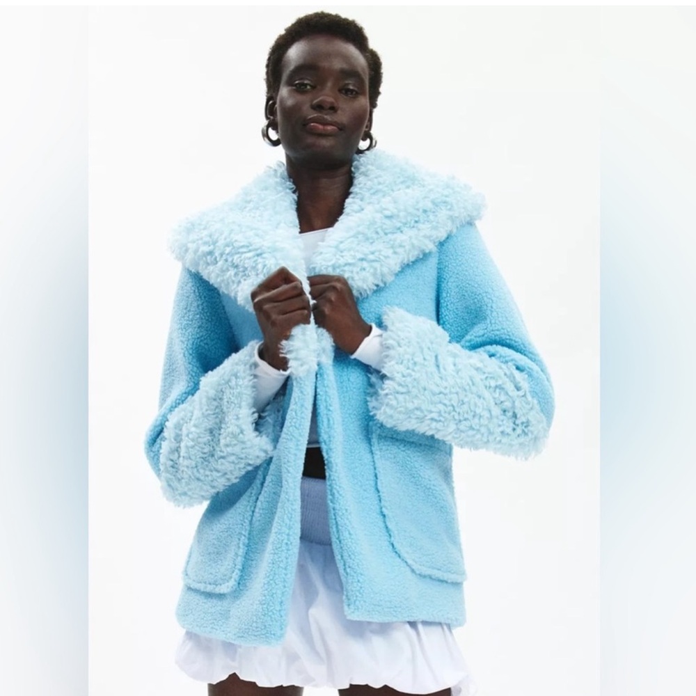 ❄️✌🏽 Urban Outfitters UO Elsa 70s Boho Teddy Kimchi Blue Faux Fur Blue Coat S - Picture 5 of 14